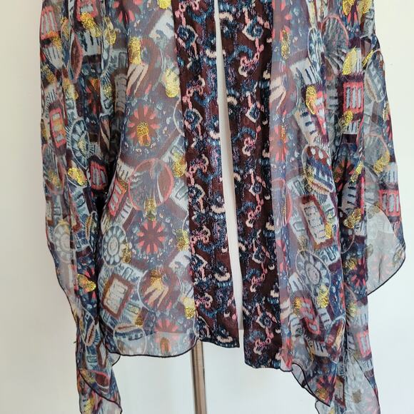 Anna Sui Silk Kimono Open Front Sheer Metallic Gold Purple Women Medium Large - Picture 5 of 13